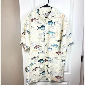 Vintage Bluewater Wear Mens Fish Print‎ Button Down Shirt USA Made Cream 2x